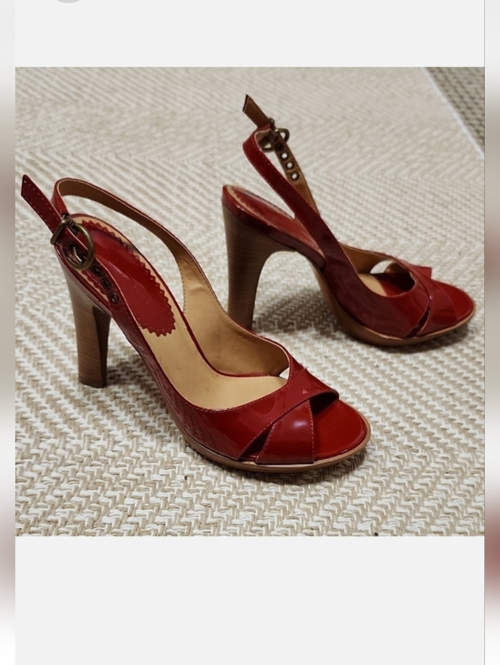 ALDO VTG Red Platform Heels Real Patent Leather Slingback Peep Toe 37 Y2k Retro